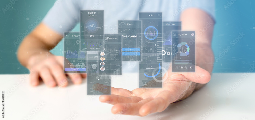 Poster businessman holding user interface screens with icon, stats and data 3d rendering