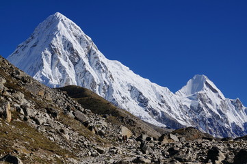 View on the snow-covered Himalayan mountains. Trekking EBC - Everest Base Camp.