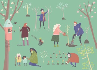 Cute cartoon people are gardening in spring park