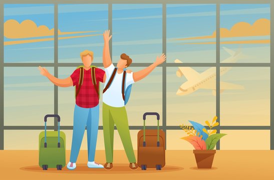 Friends enjoy the opportunity to travel, men at the airport. Flat 2D character. Illustration concept for animation and web design