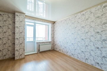 Russia, Omsk- August 02, 2019: interior room apartment. standard repair decoration in hostel. bright empty room without furniture