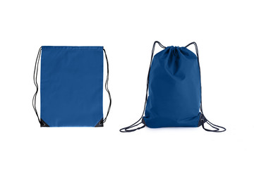 Set of classic blue drawstring packs template, bag for sport shoes isolated on white.