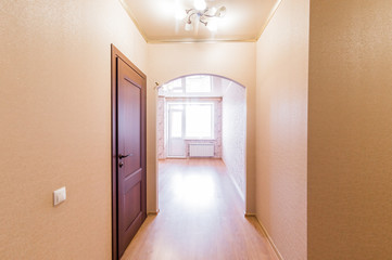 Russia, Omsk- August 02, 2019: interior room apartment. standard repair decoration in hostel. corridor, hallway, doors