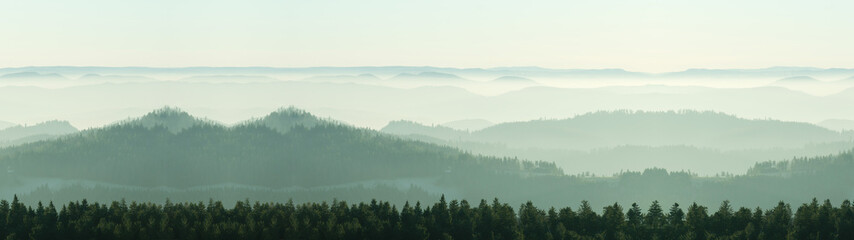 Amazing fog landscape in black forest panorama banner long - obrazy, fototapety, plakaty