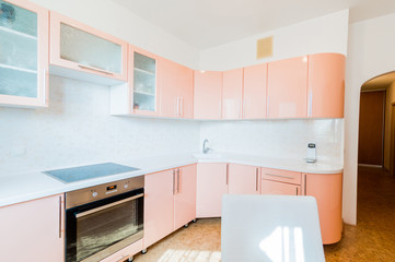Russia, Omsk- August 02, 2019: interior room apartment. standard repair decoration in hostel. kitchen, dining area