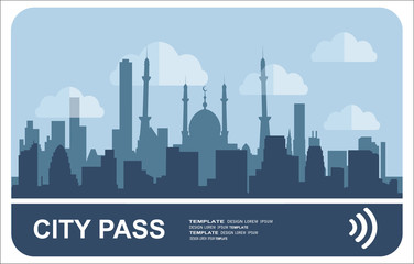 Obraz premium City pass. Bus, train, subway travel ticket with cashless payment system. Card with map of city with roards and houses. Vector illustration in flat style