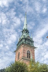 Tower of German Church sometimes called St. Gertrude's Church in Stockholm, Sweden.