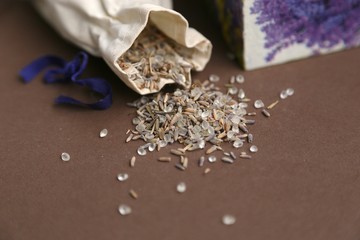 Handmade cloth bag and lavender seeds with bath salt