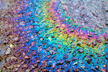 Petrol Oil Pollution Rainbow Gasoline Leak on Pavement