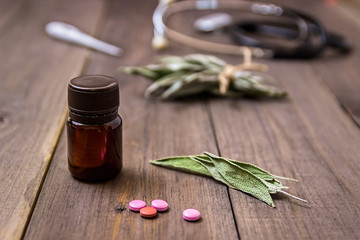 Many different medicinal herbs. Homeopathic pills.