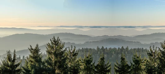 Washable wall murals Morning with fog Amazing panorama background banner long from a fog landscape in the morning in black forest