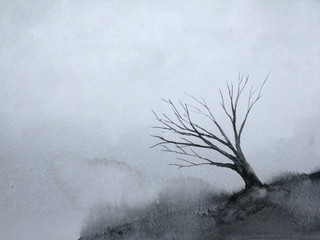 watercolor landscape dead dry tree stand alone in meadow field. traditional oriental ink asia art style.hand drawn on paper.	