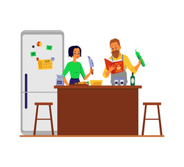 Family couple cooking food in home kitchen, flat vector illustration isolated.