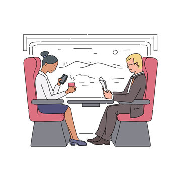 People traveling in train railway carriage, vector sketch illustration isolated.