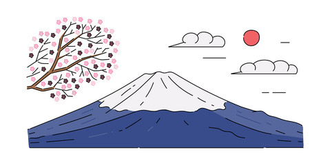 Mountain Fuji and sakura tree - isolated landmark Japan drawing