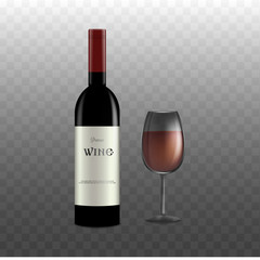 Realistic red wine bottle and glass of wine isolated on transparent background