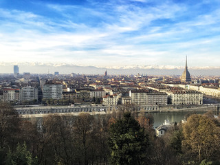 Fototapeta na wymiar 05/12/19 Torin, Italy - Panoramic view of the city of Turin from Monte dei Capuccini sightseen