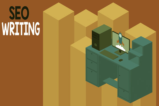 Conceptual hand writing showing Seo Writing. Concept meaning grabbing the attention of the search engines using specific word Desktop station drawers personal computer launching rocket