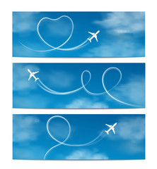 Banners set with airplane flying in the sky realistic vector illustration.