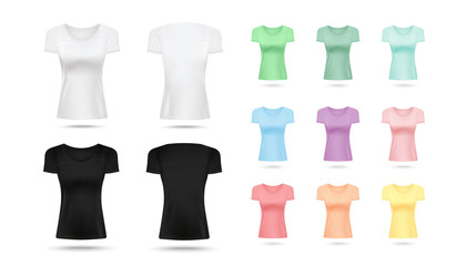 Realistic women's T-shirt mockup set in black, white and colorful pastel palette