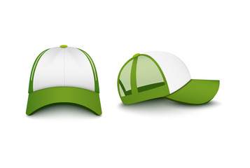 Trucker white cap with visor front and back mockup vector illustration isolated.