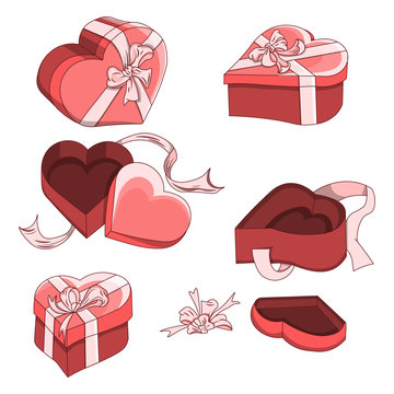 Set box in the form of a heart. Box view from the side, top, open, closed. Gift with a ribbon. Boxes gifts for holidays: New Year, birthday, Valentine Day. Romantic gift.