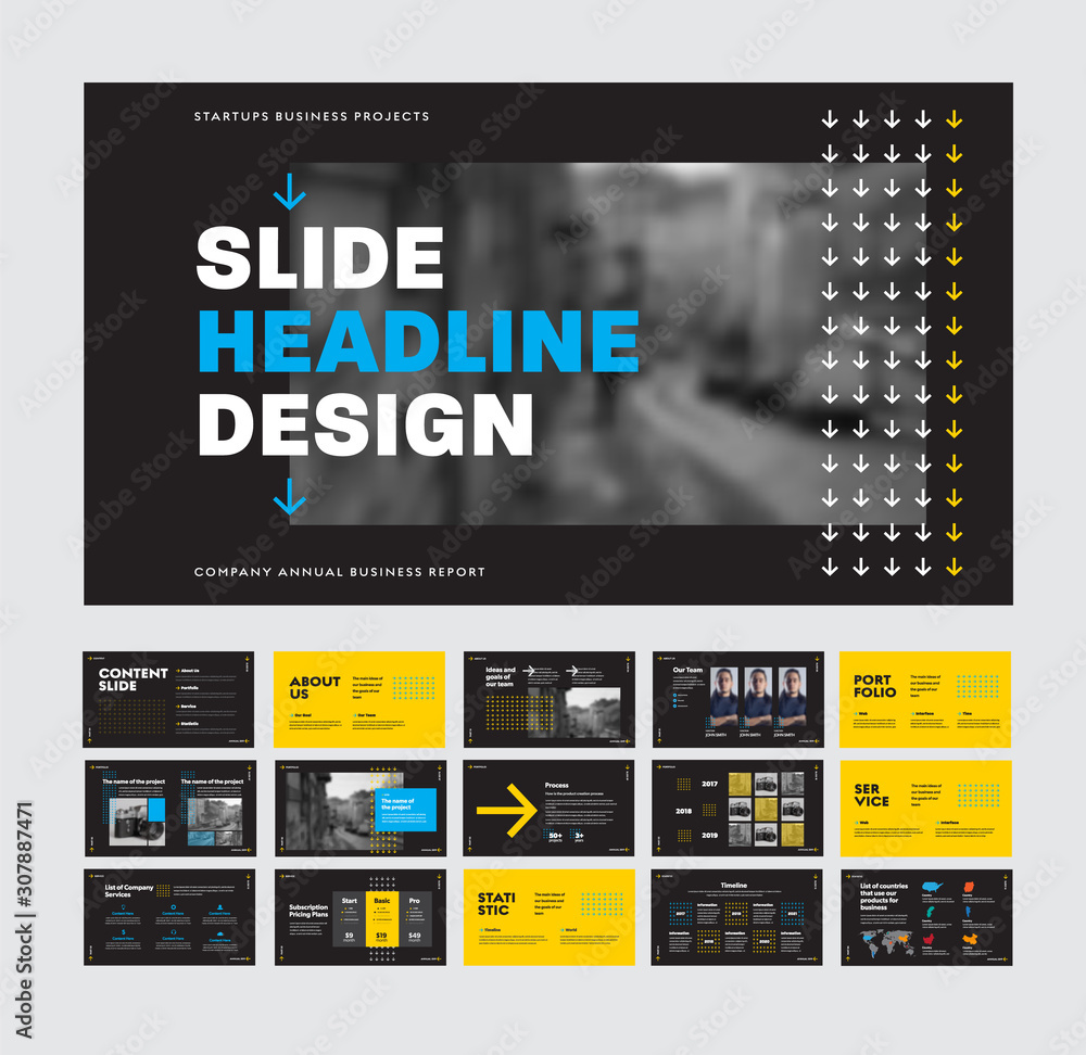 Poster Template of black vector slides for presentation with place for photo and colored arrows.