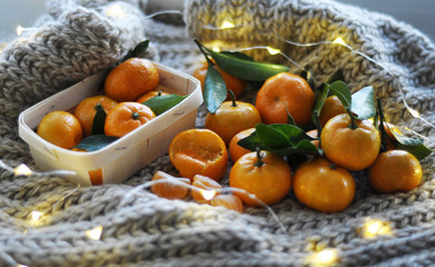fresh tangerines on knitted background