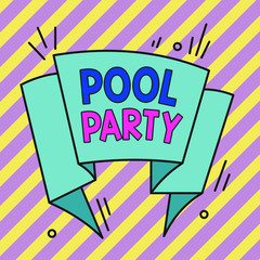 Conceptual hand writing showing Pool Party. Concept meaning celebration that includes activitites in a swimming pool Asymmetrical uneven shaped pattern object multicolour design