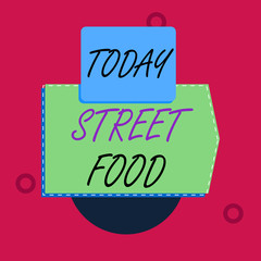 Text sign showing Street Food. Business photo text cooked food sold by vendors in a street or other public location Blank banner rectangle square above semicircle down Geometrical background