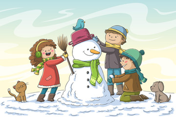 Three kids build a snowman. Hand drawn vector illustration with separate layers.