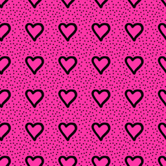 cute seamless pattern with black hearts and stars on pink magenta , Pattern can be used as wrapping paper, background, fabric print, web page backdrop, wallpape, card, valentine day