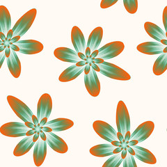 Fototapeta na wymiar Seamless repeat pattern with flowers in green mint and Lush Lava, orange on white background. drawn fabric, gift wrap, wall art design.