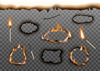 Burnt holes edge with matches set of realistic vector illustration isolated.