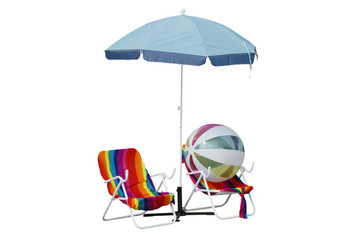 Beach Chairs with Colorful Towels, Beach Ball, Blue White Striped Pattern Umbrella Isolated on White Background with Clipping Path