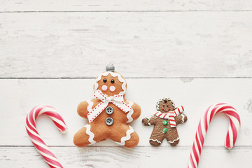 Close up view of colorful christmas cookies and lollipops top view. Christmas concept. Space for...