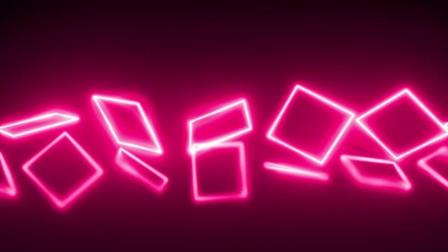 Abstract 3D neon square line animation rotating on dark background with reflection. 4k Seamless loop footage. 