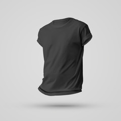 Mockup design of black blank t-shirt with shadows on the body without a man.