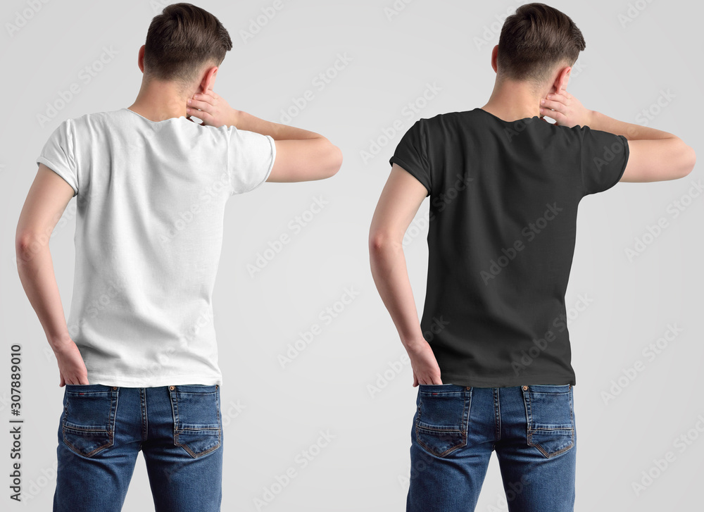 Poster Mockup design of a white and black t-shirt on a young guy, rear view.