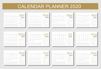 2020 Calendar Planner Design. Monthly scheduler. Week starts on Sunday. Set of 12 months. Vector illustrator.