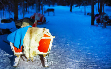 Reindeer sleigh in night Finland in Rovaniemi at Lapland farm. Christmas sledge at evening winter...