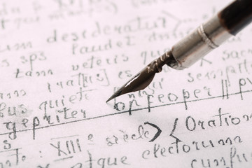 Fountain pen on an ancient handwritten letter. Old story. Retro style.