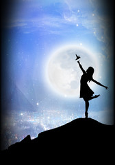 Free like a bird cartoon ballerina in the real world silhouette art photo manipulation