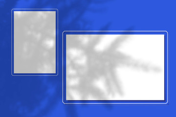 2 sheets of paper on a blue background. Layout with the imposition of the shadow of a spruce branch. Natural light casts a shadow from above.