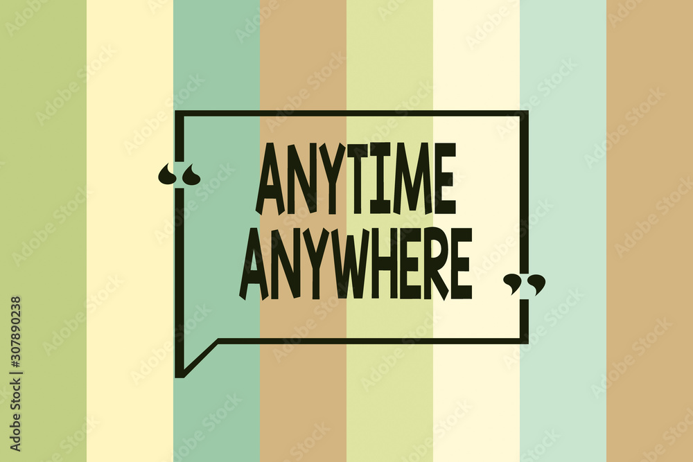 Poster writing note showing anytime anywhere. business concept for saying that you can do something at ever
