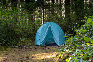Camping in Humboldt County, California, USA, in a blue iglu tent