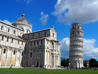 View of the Pisa Cathedral (Duomo di Pisa) and the Leaning Tower of Pisa (Torre pendente di Pisa)...