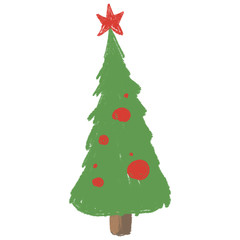 Children's pencil illustration of a cute cartoon green Christmas tree with a red star. Hand drawn isolated on a white background.