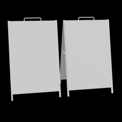 Sandwich board. Blank menu outdoor display with clipping path. Trade show booth white and blank. 3d render on black background. High Resolution Template for your design.