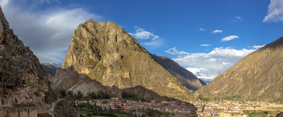 Ollantaytambo, Peru - Panoramic View of the Inca Ruins on Mountains and the Today's Town of Ollantaytambo in the Sacred Valley, Peru